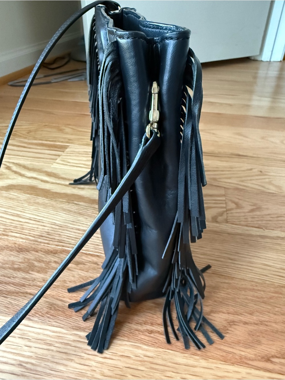 Maje Beaded Fringe M Bag Crossbody Navy Ivory Black Sheep Leather Cutout Handle - Picture 9 of 10